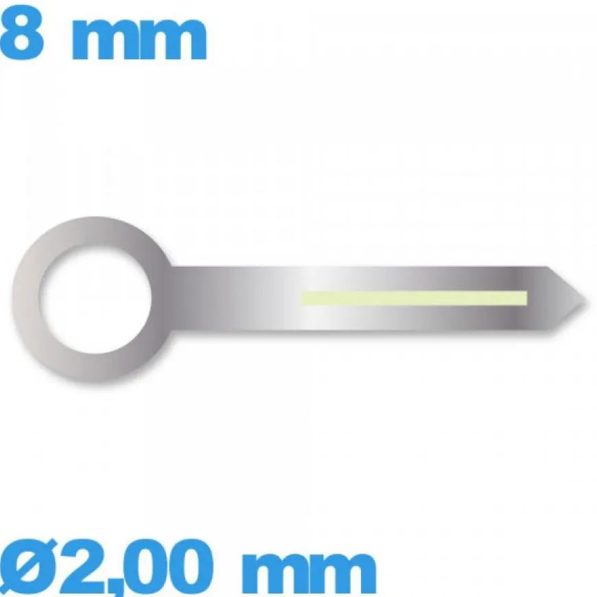 Aiguille argenté seule Ø2,00 mm longueur : 8mm cadran principal (heure) pour mouvement lumineuse nuit