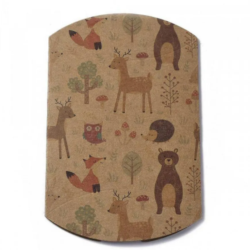 berlingot marron carton papier kraft pour une fête d'anniversaire avec motif avec des animaux ( ours, lapin, renard, herisson, )