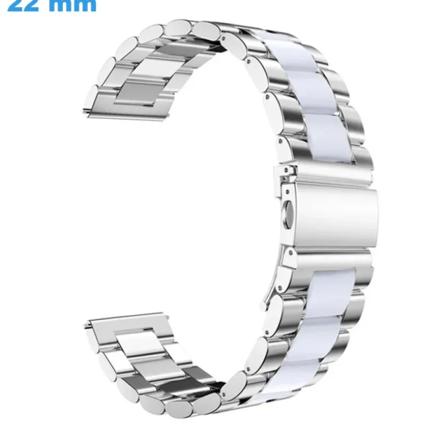 Bracelet de montre 22 mm Acier inoxydable boucle Papillon Argenté et Blanc