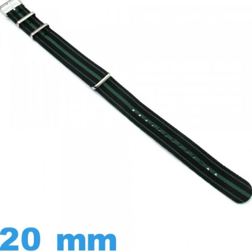 Bracelet de montre Nato 20mm Noir et Vert tissu