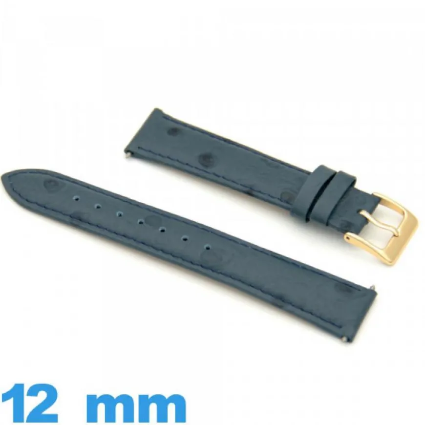 Bracelet 12 mm Bleu pour montre Rembourré Cuir Cuir autruche