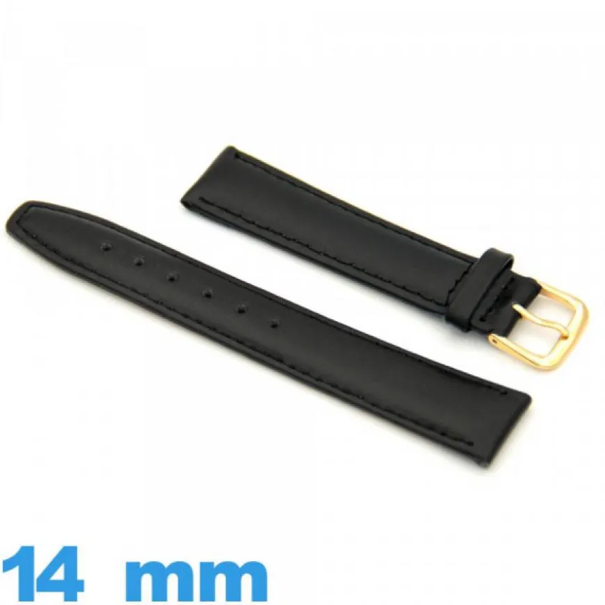 Bracelet 14mm Noir pour montre Cuir véritable de veau