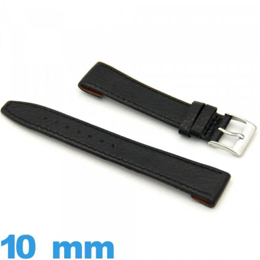 Bracelet 10 mm Noir pour montre Rembourré Vrai cuir Grain Buffle