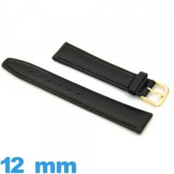 Bracelet 12 mm pour montre Noir Cuir Rembourré Lisse