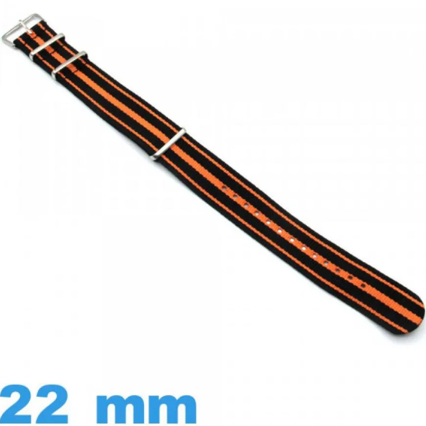 Bracelet 22mm pour montre Noir et Orange Nato Textile