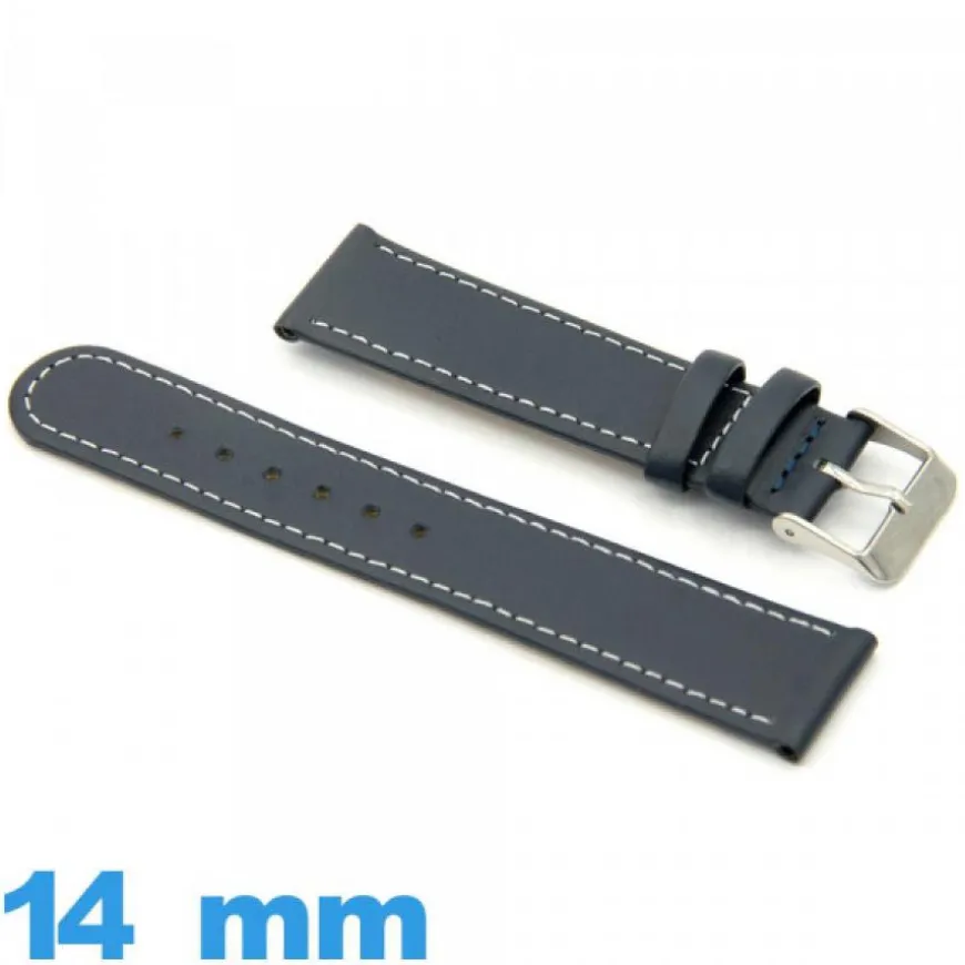 Bracelet pour montre Bleu cuir véritable Grain Lisse Plat 14 mm