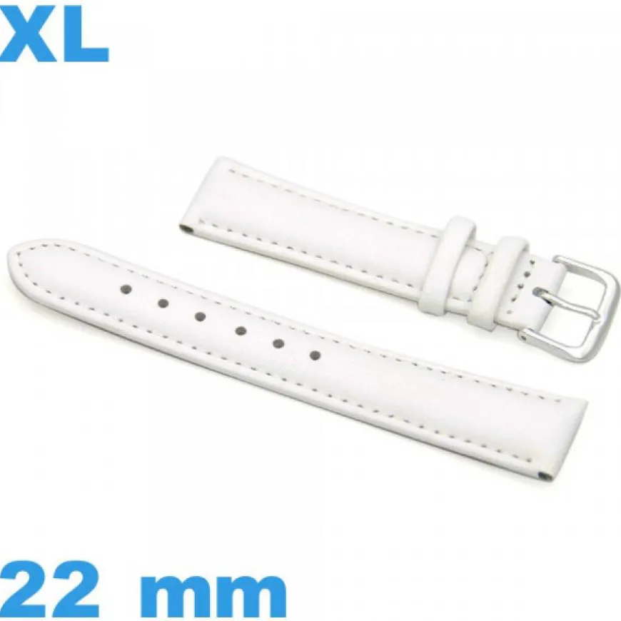 Bracelet pour montre grande longueur blanc Cuir véritable de veau lisse 22mm