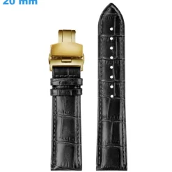 Bracelet pour montre 20 mm Cuir véritable Noir fermoir Papillon