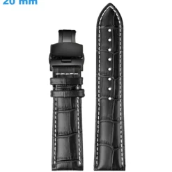 Bracelet pour montre 20 mm Cuir véritable boucle Papillon Noir