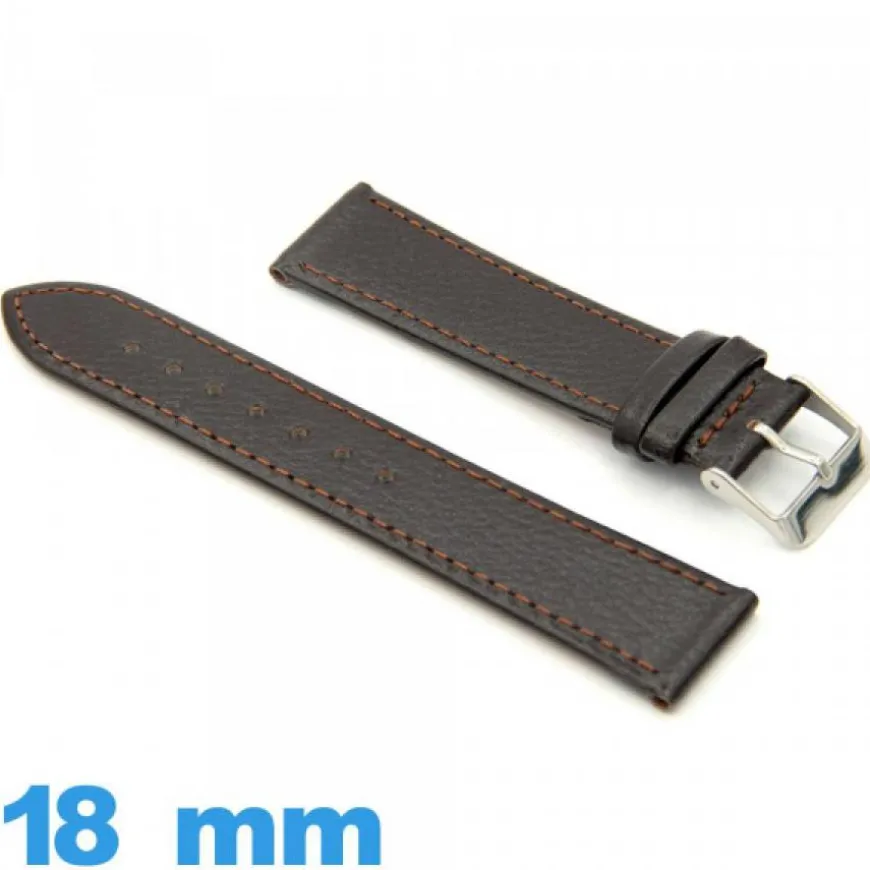 Bracelet pour montre 18mm marron foncé cuir véritable Lisse
