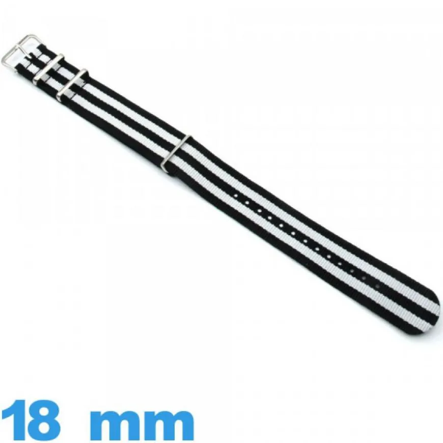 Bracelet pour montre Nato 18 mm Noir et Blanc Nylon