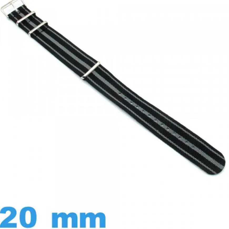 Bracelet pour montre Nato Noir et Gris tissu 20mm