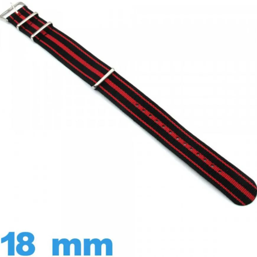 Bracelet pour montre N.A.T.O Noir et Rouge tissu 18mm