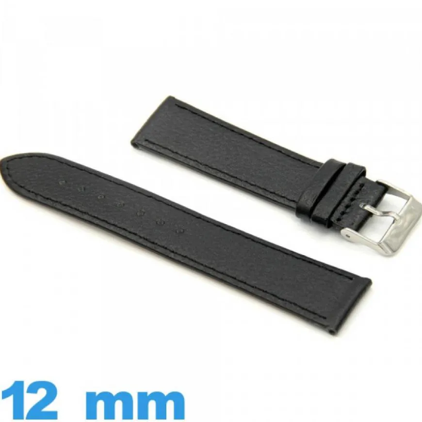 Bracelet pour montre Noir cuir Lisse Plat 12mm