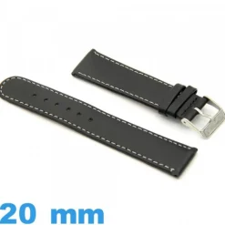 Bracelet pour montre Noir cuir véritable Grain Lisse  20mm