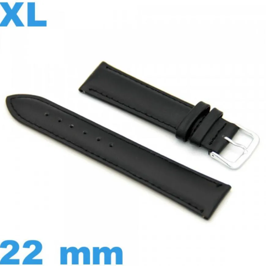 Bracelet pour montre noir grande longueur Cuir véritable de veau lisse 22 mm
