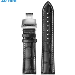 Bracelet pour montre Noir 20 mm Cuir véritable Papillon