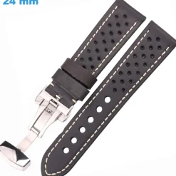 Bracelet pour montre Noir 24 mm Cuir véritable boucle Papillon