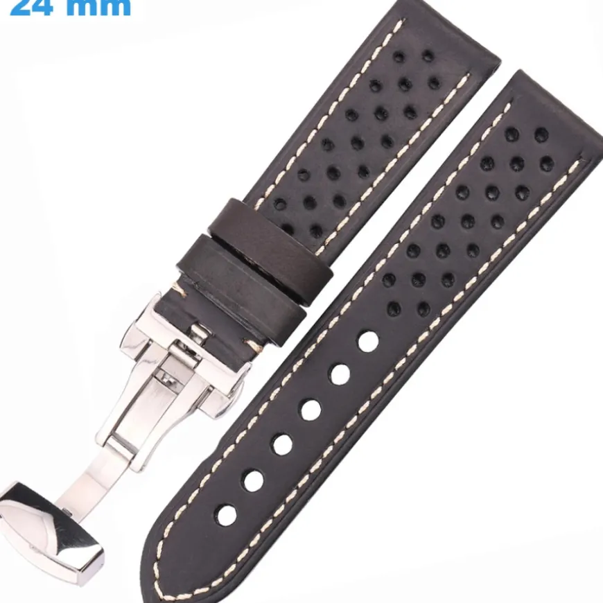 Bracelet pour montre Noir 24 mm Cuir véritable boucle Papillon
