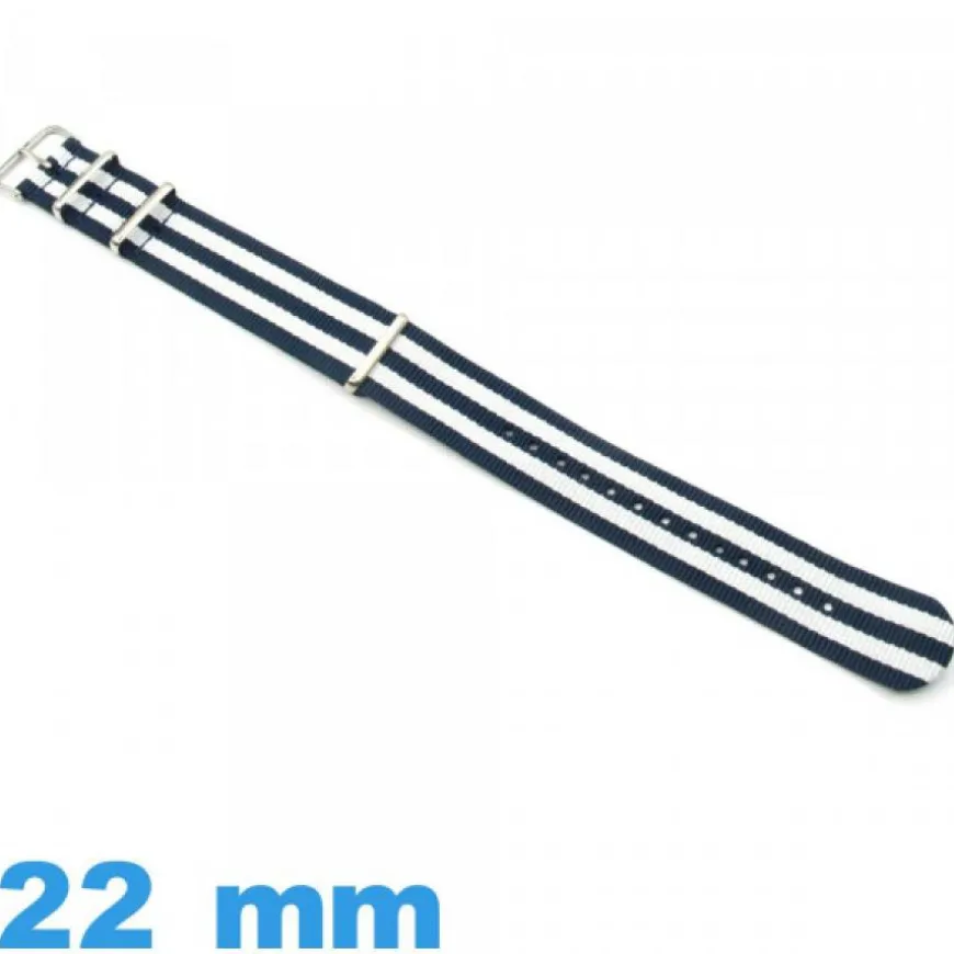 Bracelet tissu 22mm N.A.T.O Bleu foncé et Blanc pour montre
