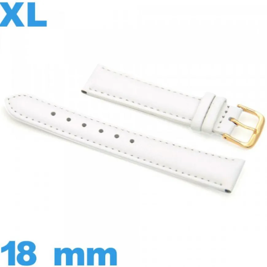 Bracelet XL Cuir véritable de veau lisse 18mm blanc de montre
