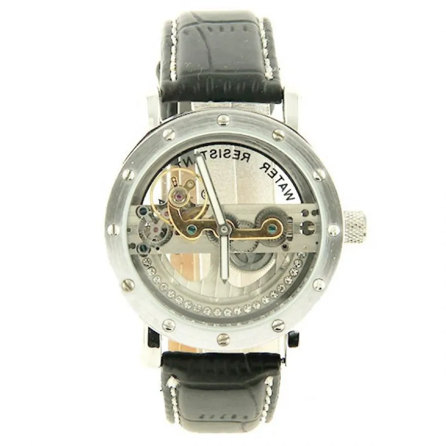 Montre automatique cuir mécanique dorée argentée visible style hublot