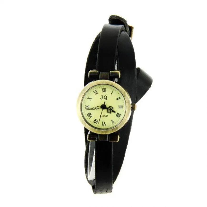 Montre bracelet long femme pas chère en cuir noir vintage
