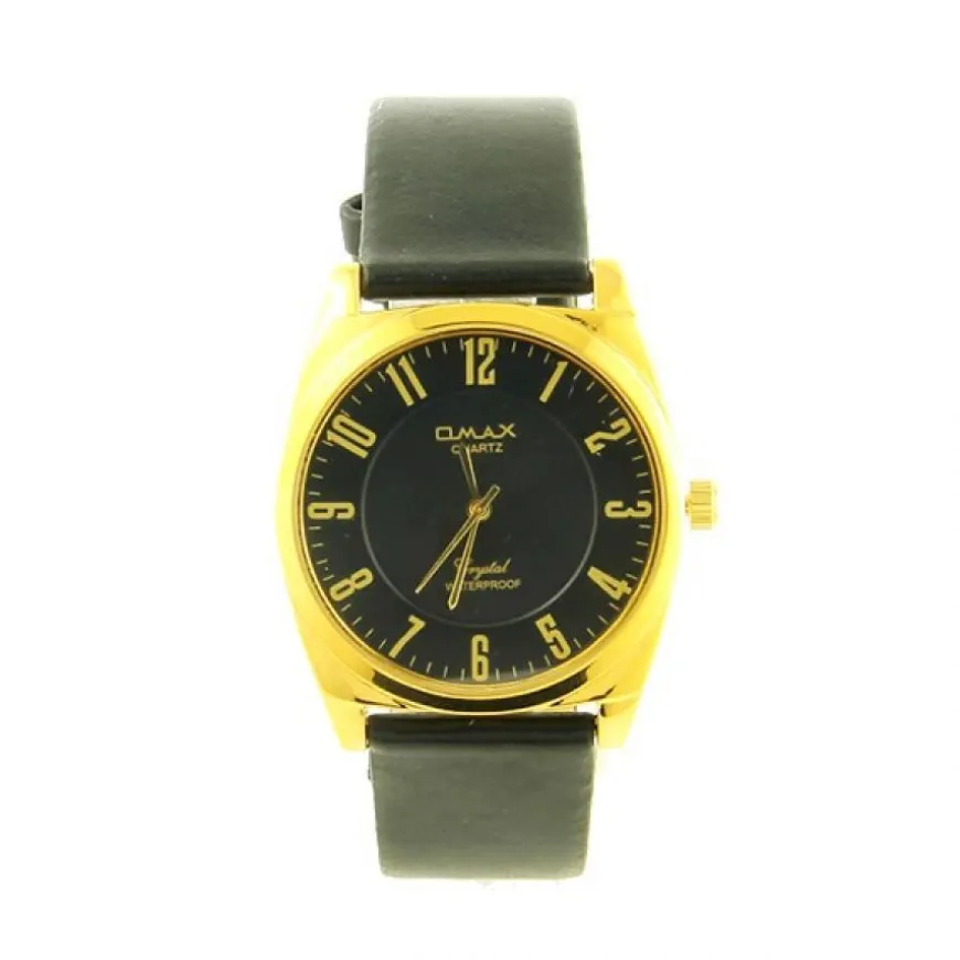 Montre cuir noir boîtier et chiffres dorés marque OMAX