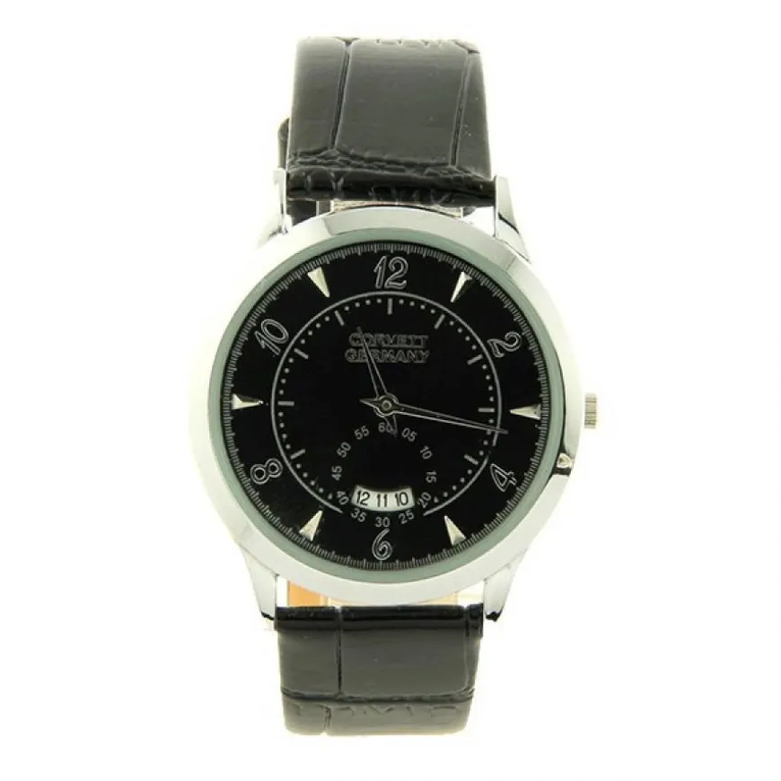 Montre cuir noir marque CORVETTE date boîtier argenté