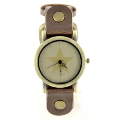 Montre en cuir brun vintage boîtier doré motif étoile