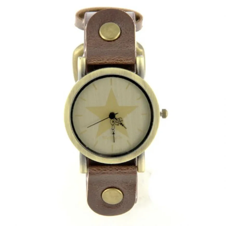 Montre en cuir brun vintage boîtier doré motif étoile