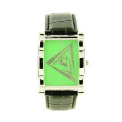 Montre pas chère verte bracelet noir cuir cadran vert motif triangle