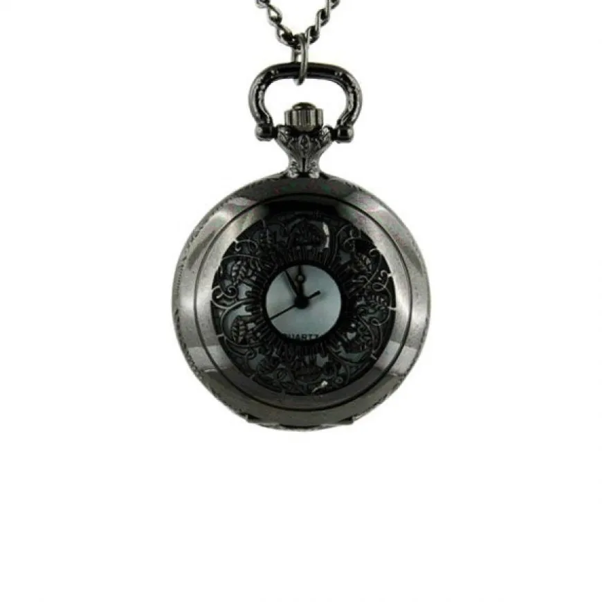 Montre pendentif noir style gousset motif floral fleur vintage
