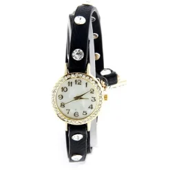Montre tendance long bracelet cuir noir croix boitîer strass