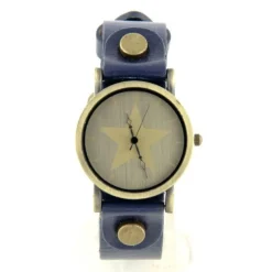 Montre étoile pas chère bracelet bleue cuir vintage boîtier bronze