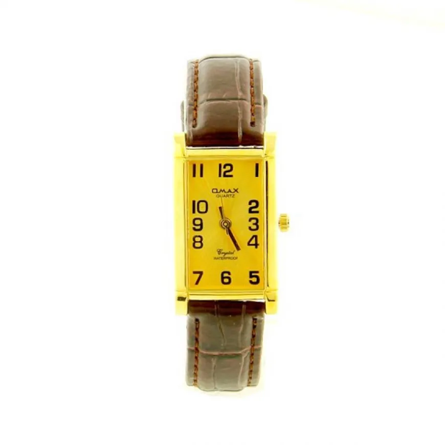 Montre vintage marque OMAX bracelet cuir marron boîtier doré