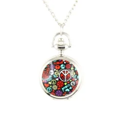 Pendentif montre gousset pas chère peace and love + chaine argenté