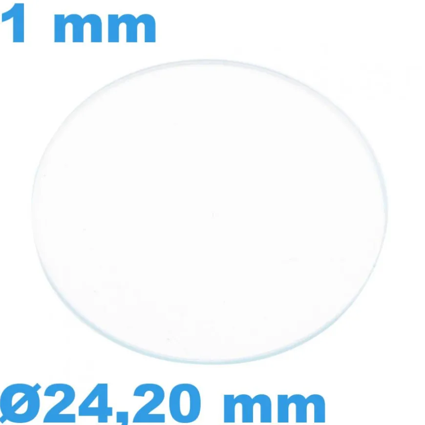 Verre Saphir Plat pour montre Rond 24,20 mm épaisseur 1 mm résistant aux rayures