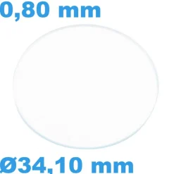 Verre Saphir Plat pour montre Circulaire 34,1 mm épaisseur 0,80 mm résistant aux rayures